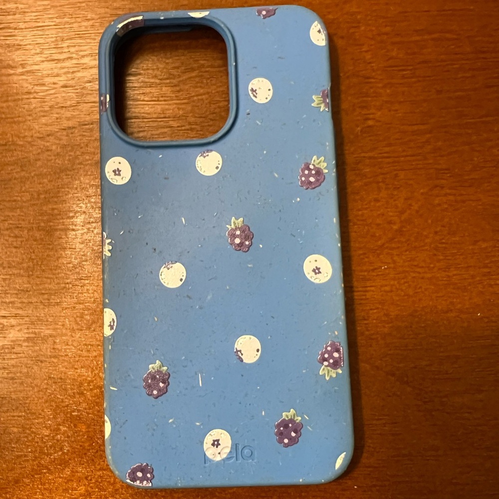 Blue Pela iPhone 13 Pro phone case with berry design